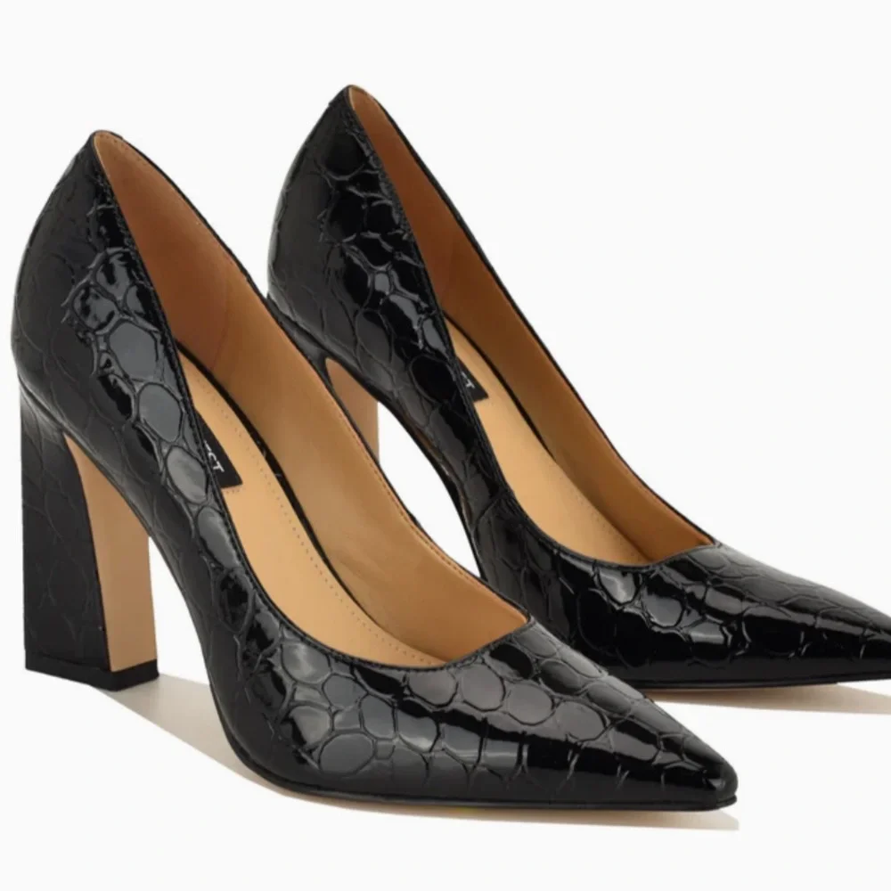 Nine West TAMANT Black Croc-Embossed Block Heel Pumps - Picture 2 of 11